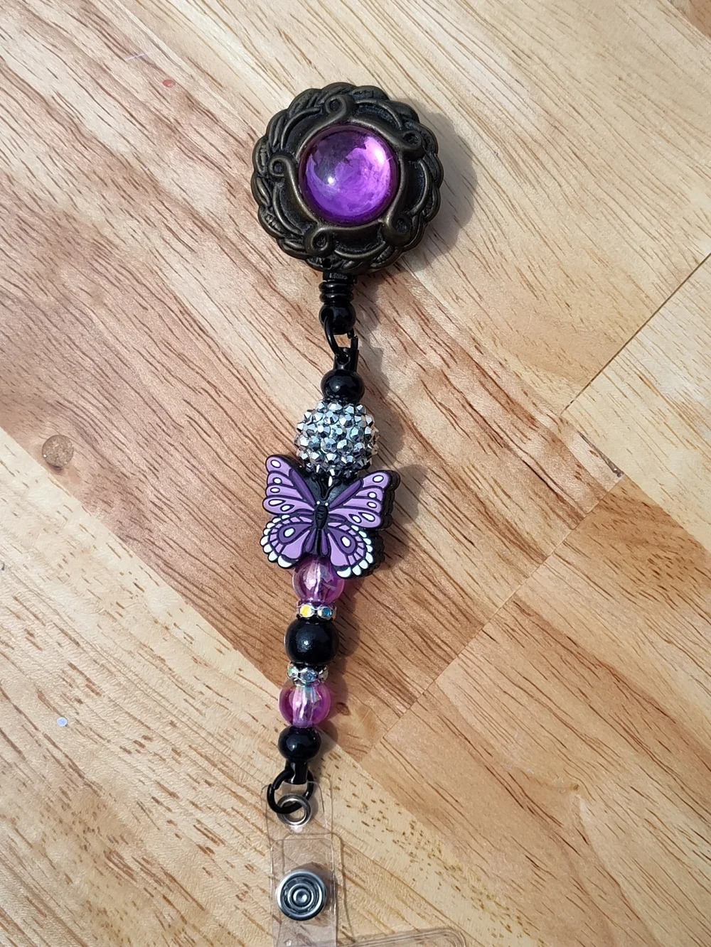 Purple Butterfly Beaded Badge Reel